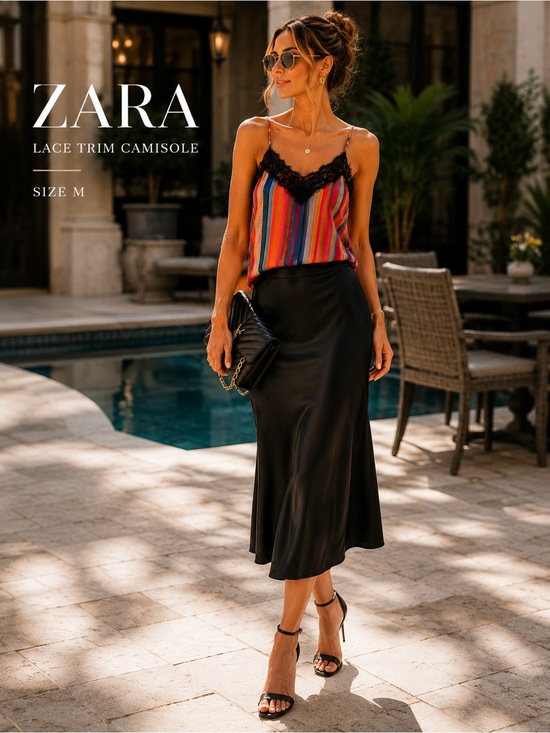 Zara Tops - ZARA Rainbow Stripe Lace Trim Camisole | Colorful Resort Chic Cami Tank Top